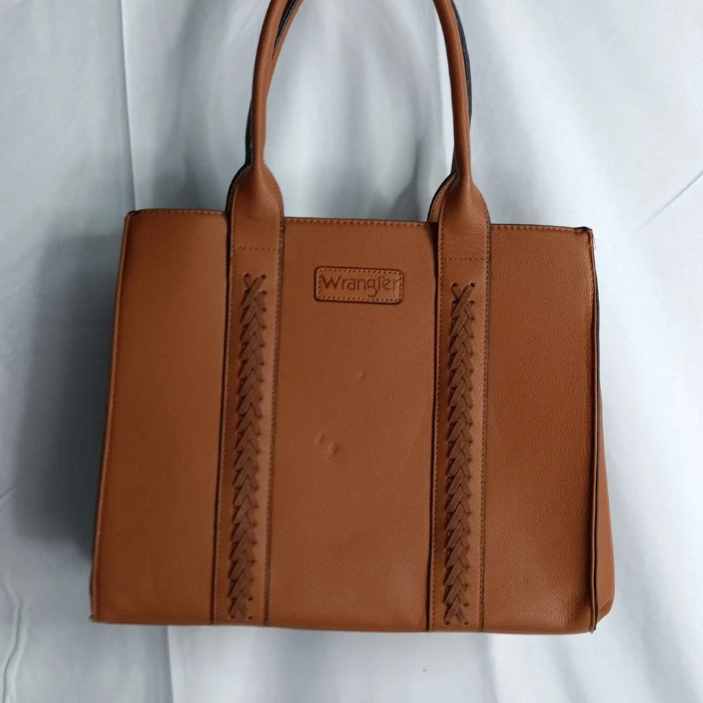Wrangler Brown Faux Leather Western Tote Bag Braided Zipper Shoulder Bag s9
